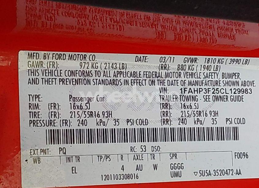 Photo 9 of 2012 Ford Focus SE (VIN 1FAHP3F25CL129983)