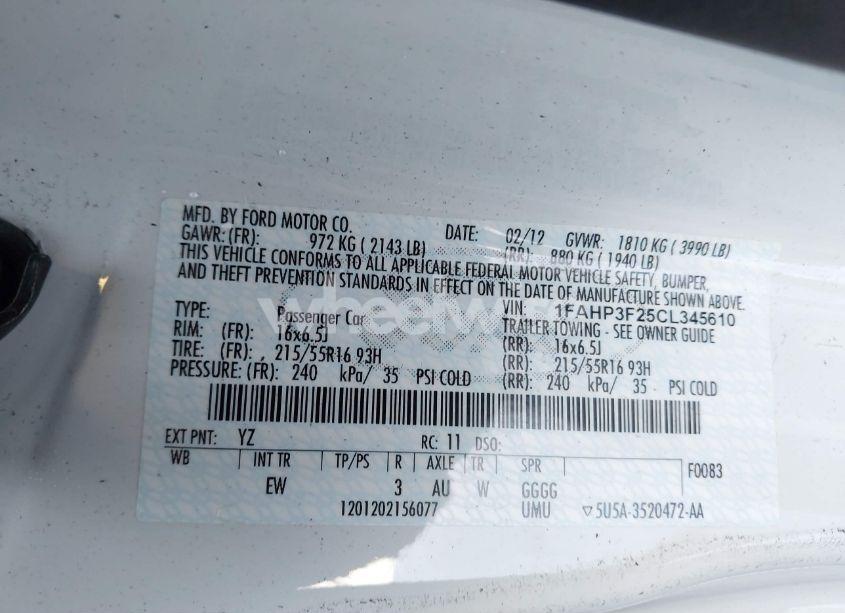 Photo 9 of 2012 Ford Focus SE (VIN 1FAHP3F25CL345610)