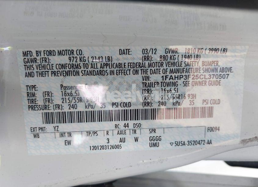 Photo 9 of 2012 Ford Focus SE (VIN 1FAHP3F25CL370507)