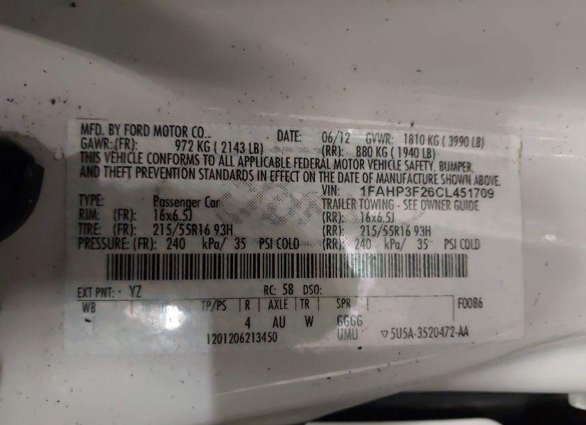 Photo 9 of 2012 Ford Focus SE (VIN 1FAHP3F26CL451709)