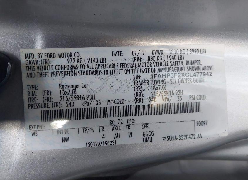 Photo 9 of 2012 Ford Focus SE (VIN 1FAHP3F2XCL477942)