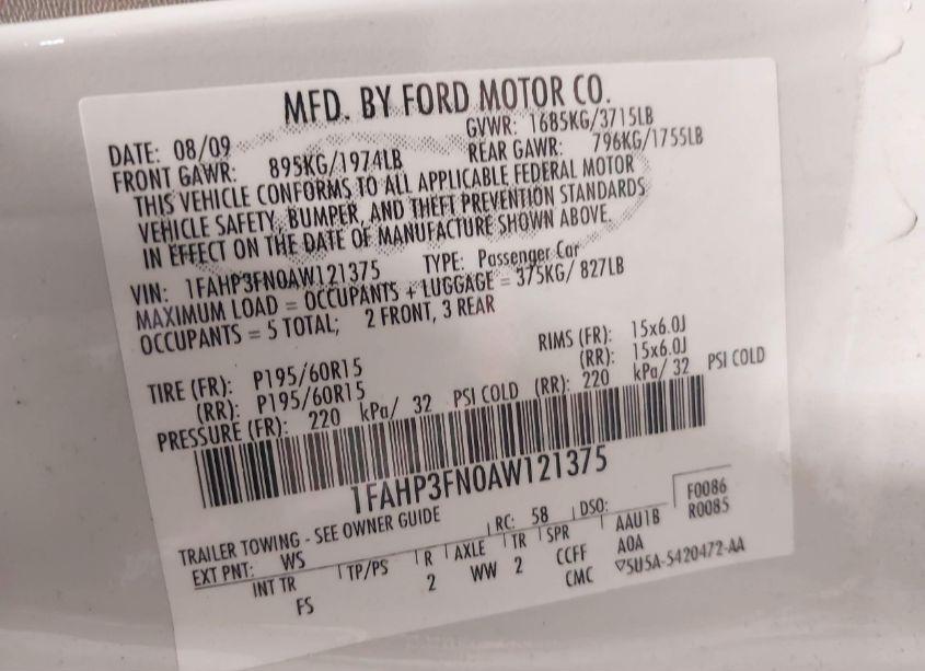 Photo 9 of 2010 Ford Focus SE (VIN 1FAHP3FN0AW121375)