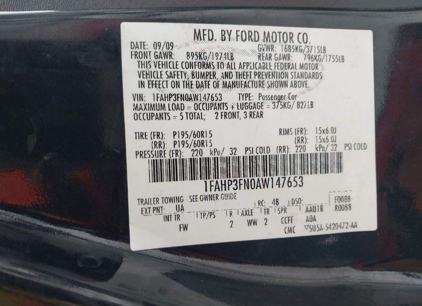 Photo 9 of 2010 Ford Focus SE (VIN 1FAHP3FN0AW147653)