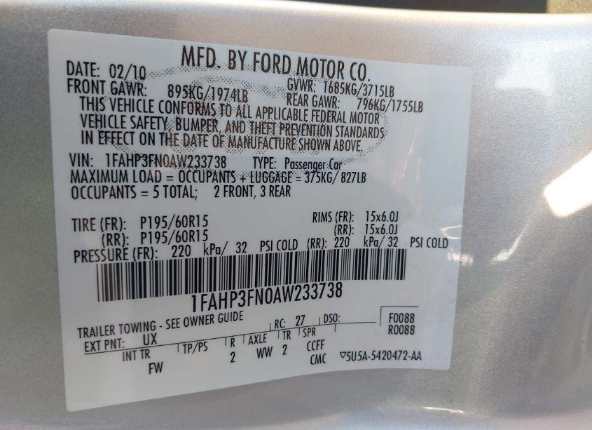 Photo 9 of 2010 Ford Focus SE (VIN 1FAHP3FN0AW233738)