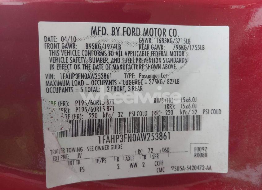 Photo 9 of 2010 Ford Focus SE (VIN 1FAHP3FN0AW253861)