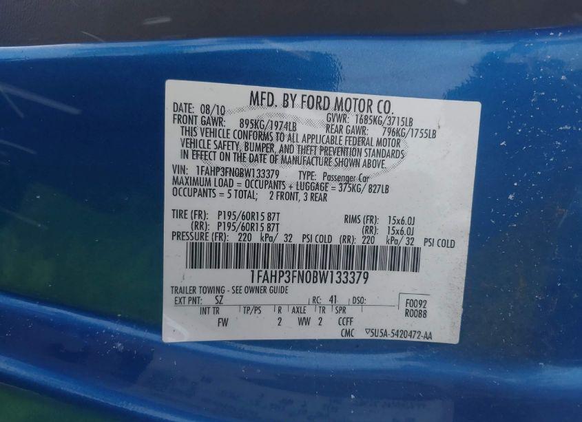 Photo 9 of 2011 Ford Focus SE (VIN 1FAHP3FN0BW133379)