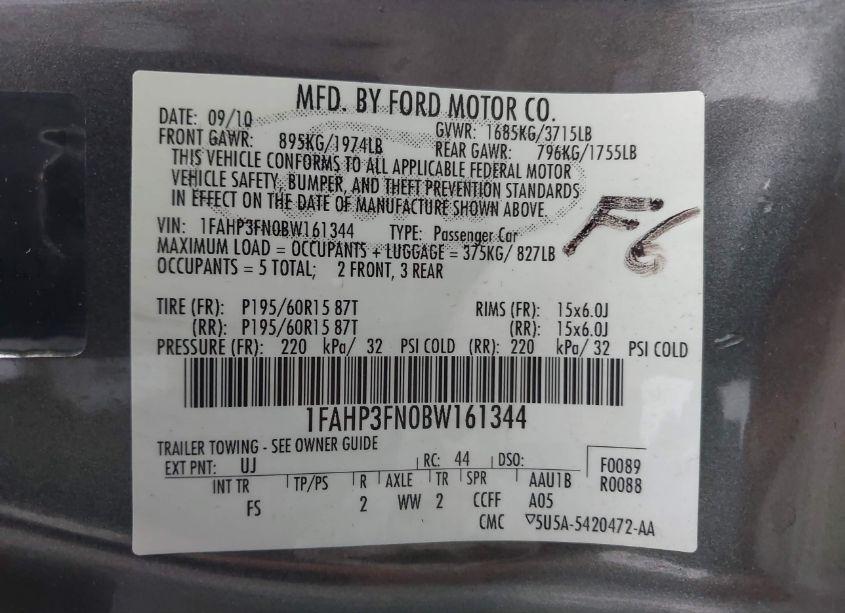 Photo 9 of 2011 Ford Focus SE (VIN 1FAHP3FN0BW161344)