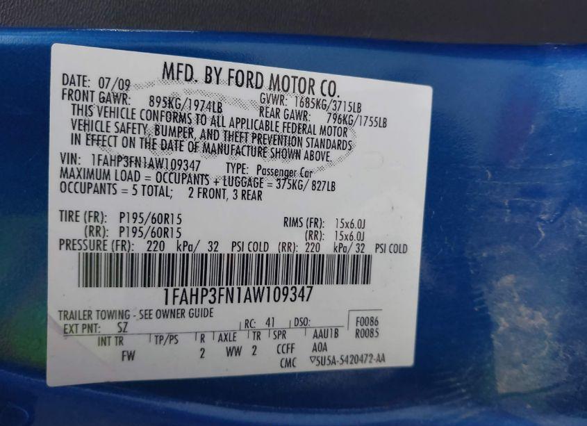 Photo 9 of 2010 Ford Focus SE (VIN 1FAHP3FN1AW109347)