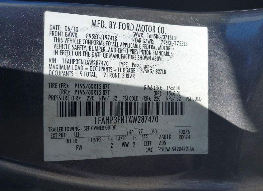 Photo 9 of 2010 Ford Focus SE (VIN 1FAHP3FN1AW287470)