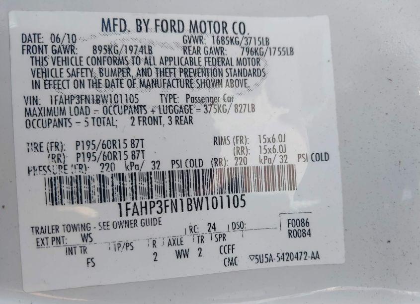 Photo 9 of 2011 Ford Focus SE (VIN 1FAHP3FN1BW101105)