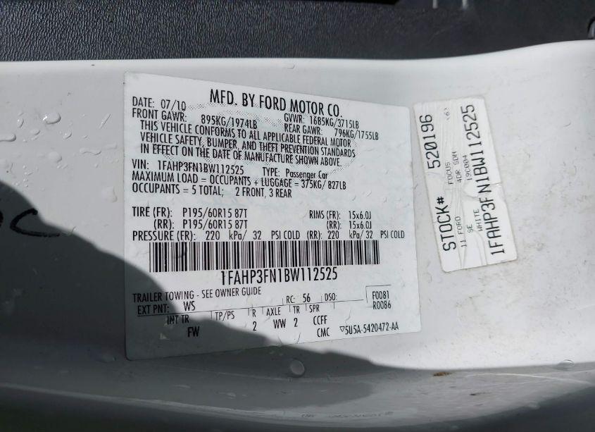 Photo 9 of 2011 Ford Focus SE (VIN 1FAHP3FN1BW112525)