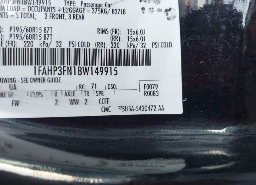 Photo 9 of 2011 Ford Focus SE (VIN 1FAHP3FN1BW149915)