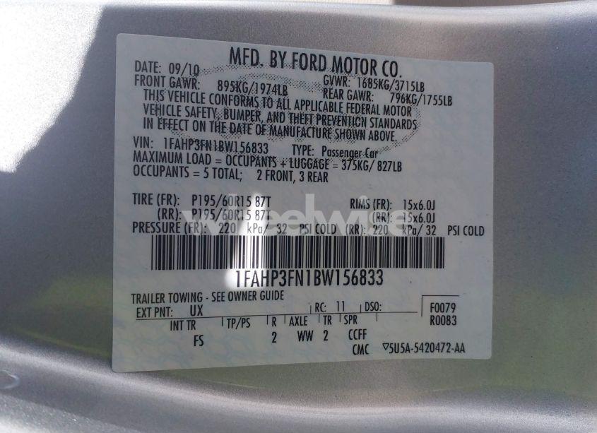 Photo 9 of 2011 Ford Focus SE (VIN 1FAHP3FN1BW156833)