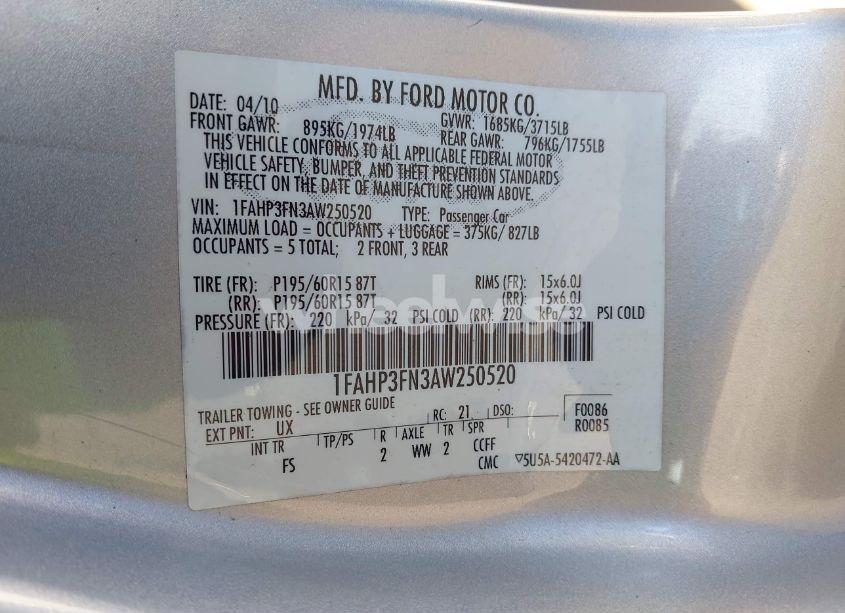 Photo 9 of 2010 Ford Focus SE (VIN 1FAHP3FN3AW250520)