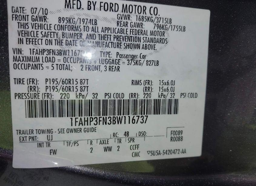 Photo 9 of 2011 Ford Focus SE (VIN 1FAHP3FN3BW116737)