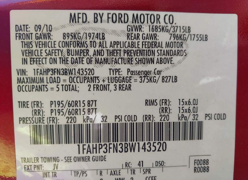 Photo 9 of 2011 Ford Focus SE (VIN 1FAHP3FN3BW143520)