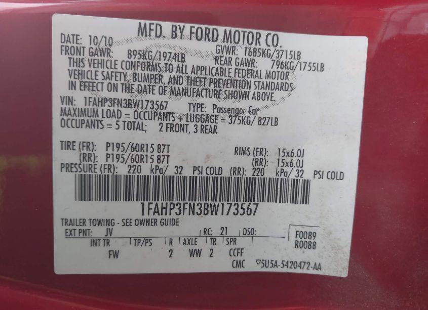 Photo 9 of 2011 Ford Focus SE (VIN 1FAHP3FN3BW173567)