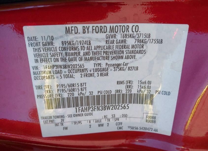 Photo 9 of 2011 Ford Focus SE (VIN 1FAHP3FN3BW202565)