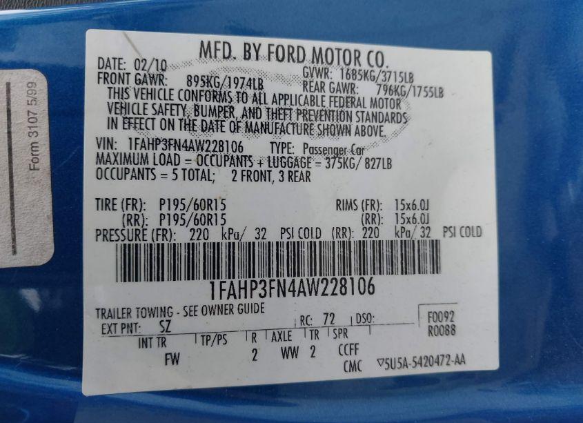 Photo 9 of 2010 Ford Focus SE (VIN 1FAHP3FN4AW228106)