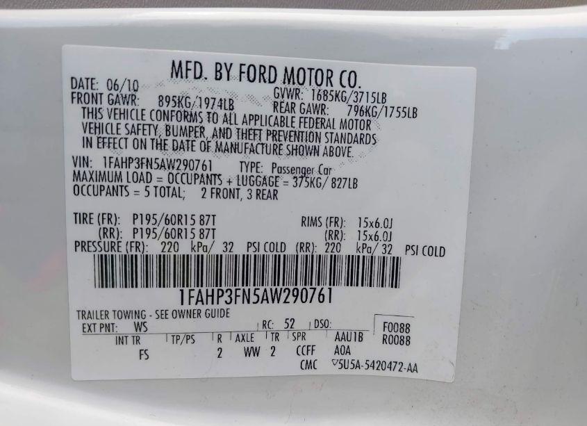 Photo 9 of 2010 Ford Focus SE (VIN 1FAHP3FN5AW290761)