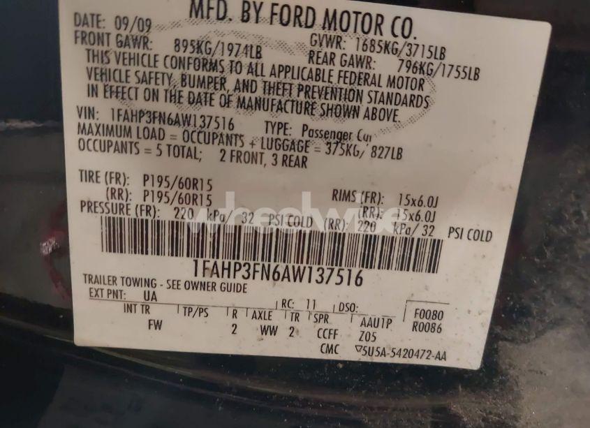 Photo 9 of 2010 Ford Focus SE (VIN 1FAHP3FN6AW137516)