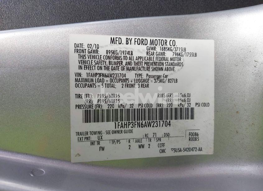 Photo 9 of 2010 Ford Focus SE (VIN 1FAHP3FN6AW231704)