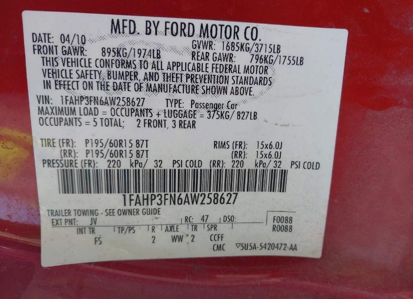 Photo 9 of 2010 Ford Focus SE (VIN 1FAHP3FN6AW258627)