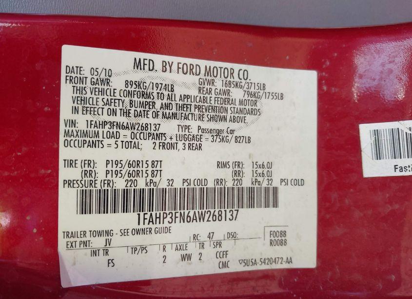 Photo 9 of 2010 Ford Focus SE (VIN 1FAHP3FN6AW268137)