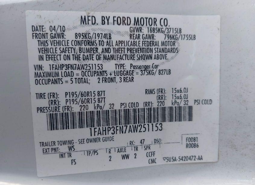 Photo 9 of 2010 Ford Focus SE (VIN 1FAHP3FN7AW251153)