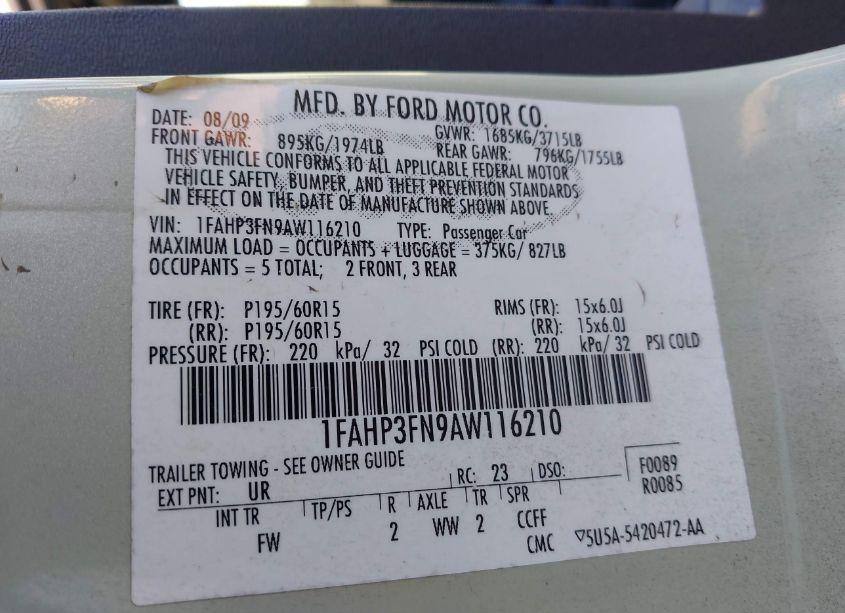 Photo 9 of 2010 Ford Focus SE (VIN 1FAHP3FN9AW116210)