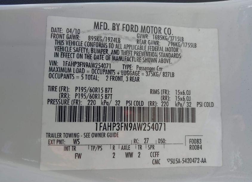 Photo 9 of 2010 Ford Focus SE (VIN 1FAHP3FN9AW254071)