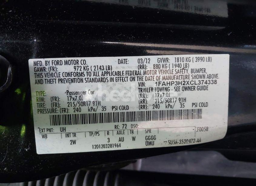 Photo 9 of 2012 Ford Focus SEL (VIN 1FAHP3H2XCL374338)