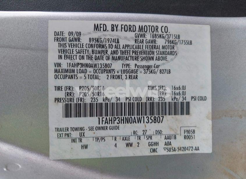 Photo 9 of 2010 Ford Focus SEL (VIN 1FAHP3HN0AW135807)