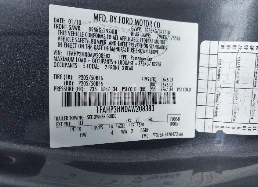 Photo 9 of 2010 Ford Focus SEL (VIN 1FAHP3HN0AW208383)