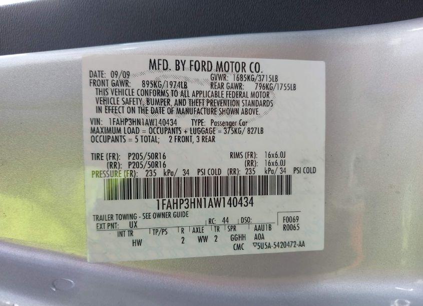 Photo 9 of 2010 Ford Focus SEL (VIN 1FAHP3HN1AW140434)