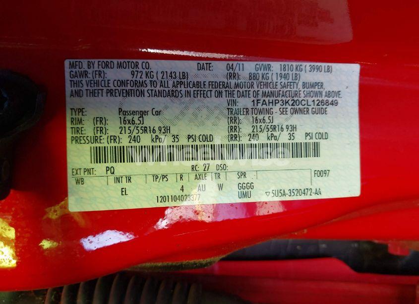 Photo 9 of 2012 Ford Focus SE (VIN 1FAHP3K20CL126849)