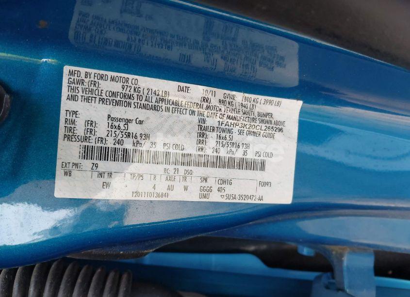 Photo 9 of 2012 Ford Focus SE (VIN 1FAHP3K20CL265296)