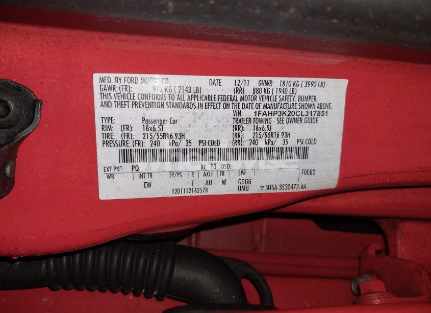 Photo 9 of 2012 Ford Focus SE (VIN 1FAHP3K20CL317851)