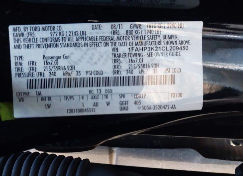 Photo 9 of 2012 Ford Focus SE (VIN 1FAHP3K21CL209450)