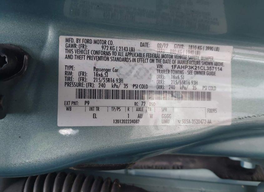Photo 9 of 2012 Ford Focus SE (VIN 1FAHP3K21CL357114)