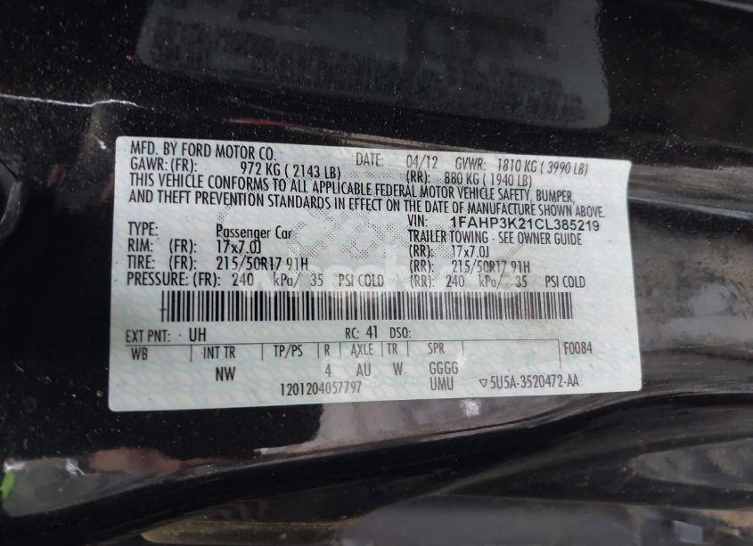 Photo 9 of 2012 Ford Focus SE (VIN 1FAHP3K21CL385219)