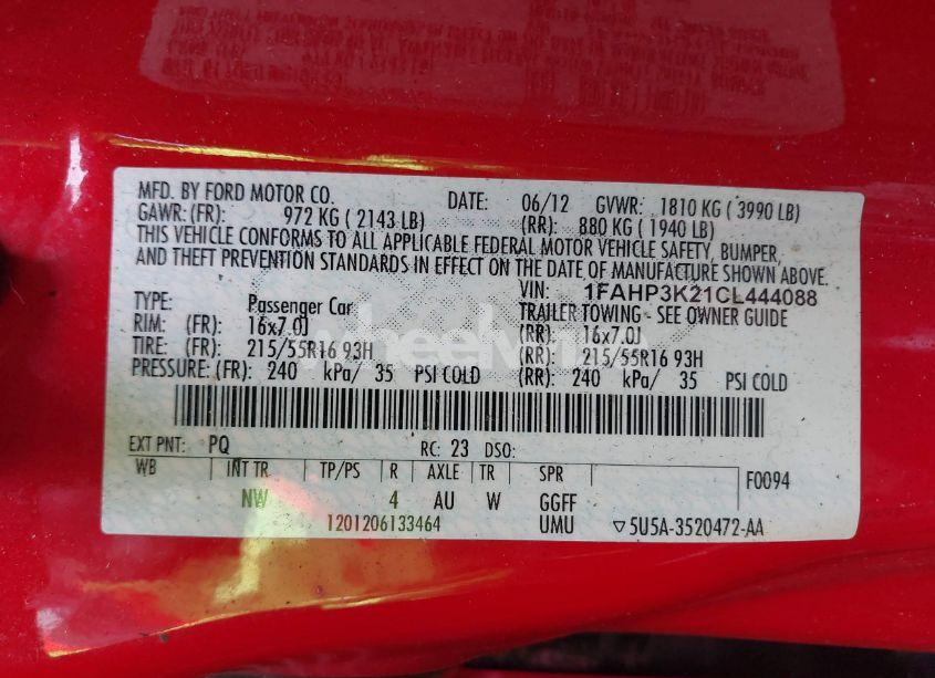 Photo 9 of 2012 Ford Focus SE (VIN 1FAHP3K21CL444088)