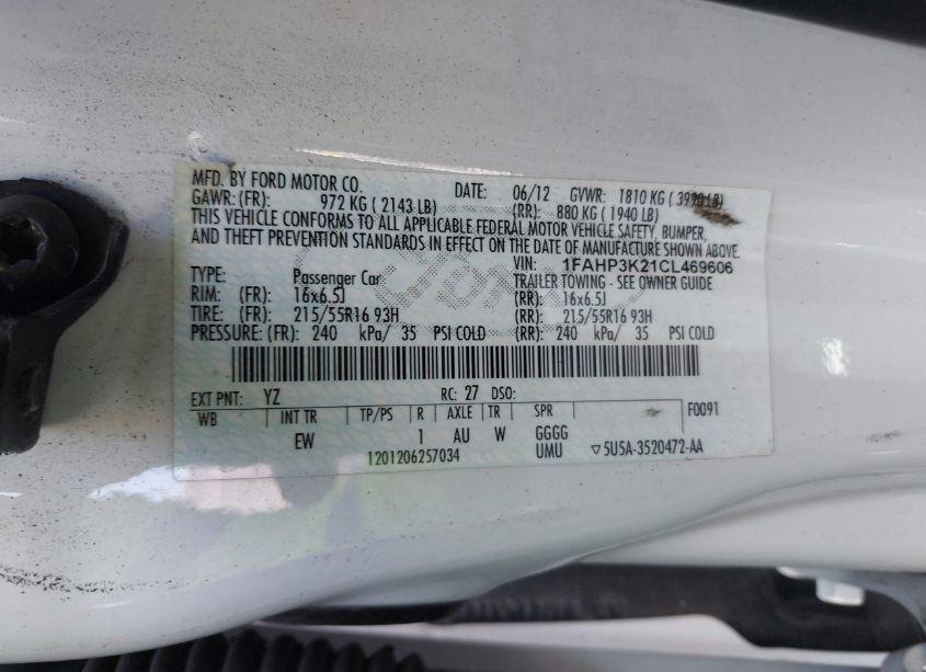 Photo 9 of 2012 Ford Focus SE (VIN 1FAHP3K21CL469606)