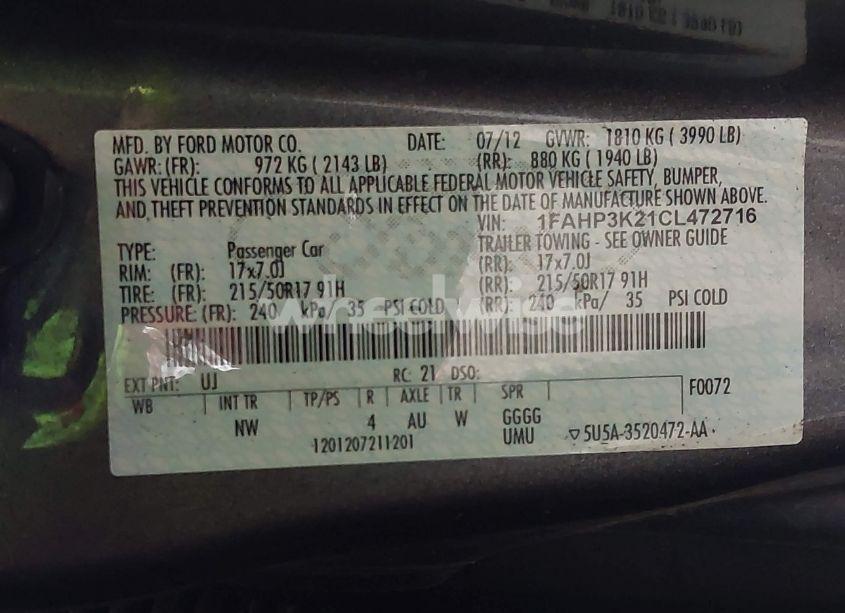 Photo 9 of 2012 Ford Focus SE (VIN 1FAHP3K21CL472716)