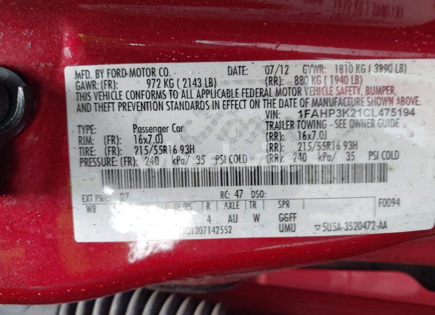 Photo 9 of 2012 Ford Focus SE (VIN 1FAHP3K21CL475194)