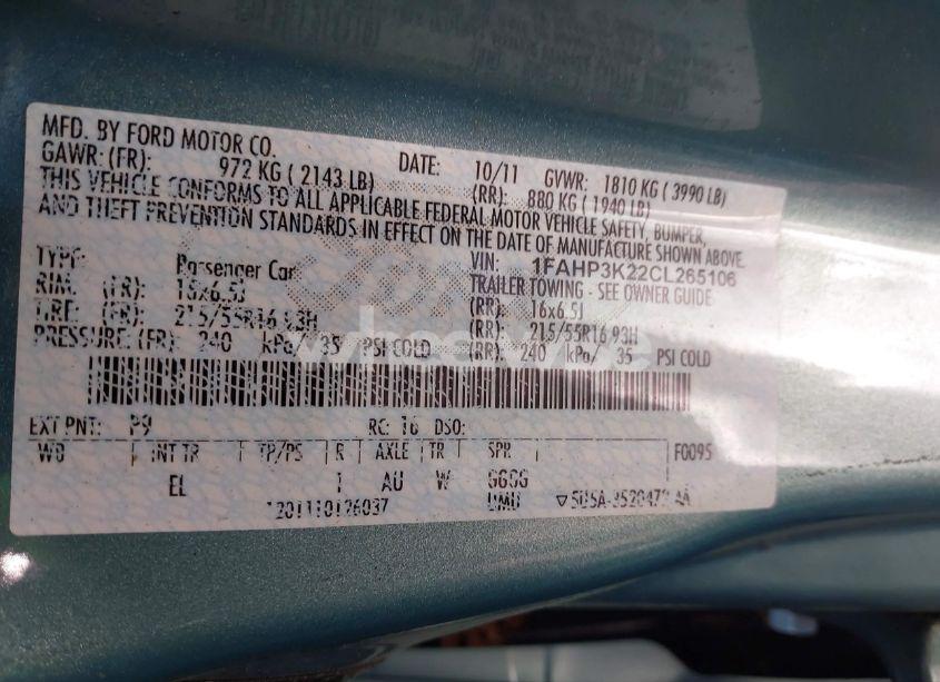 Photo 9 of 2012 Ford Focus SE (VIN 1FAHP3K22CL265106)