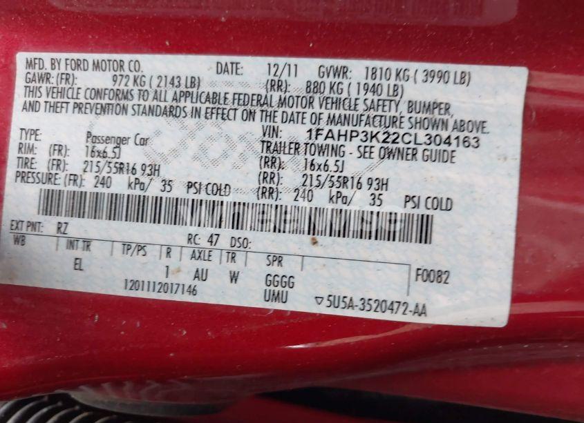 Photo 9 of 2012 Ford Focus SE (VIN 1FAHP3K22CL304163)