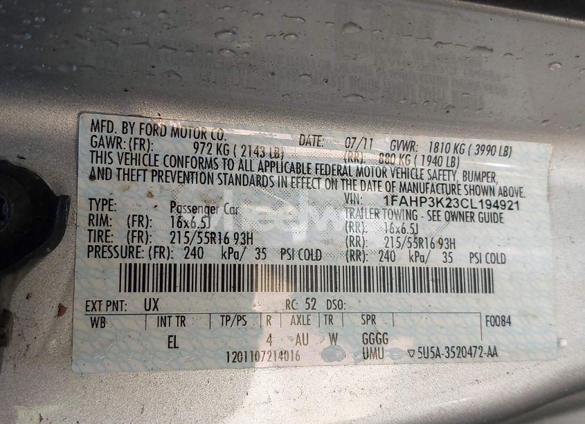 Photo 9 of 2012 Ford Focus SE (VIN 1FAHP3K23CL194921)