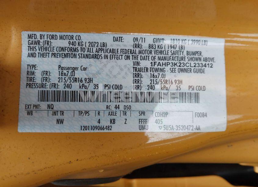 Photo 9 of 2012 Ford Focus SE (VIN 1FAHP3K23CL233412)