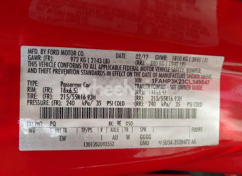 Photo 9 of 2012 Ford Focus SE (VIN 1FAHP3K23CL349547)